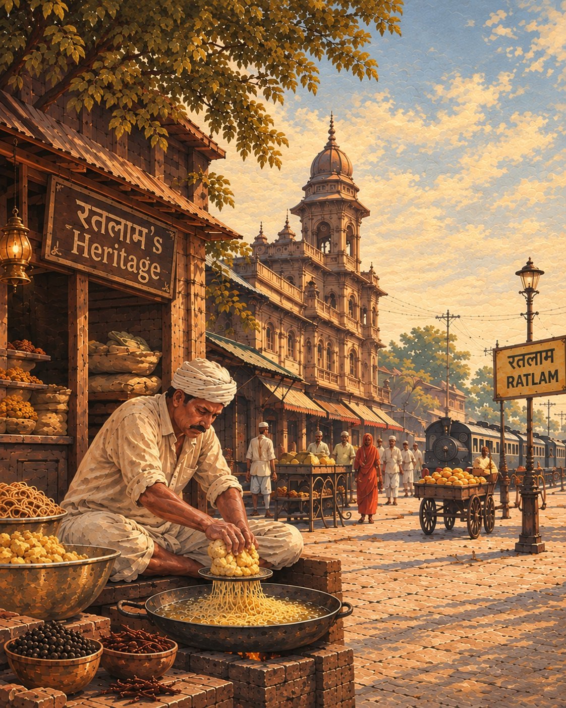 A sev maker pressing dough into a kadhai of hot oil outside a shopfront signed Ratlam’s Heritage, with the Ratlam station sign and the town behind him.